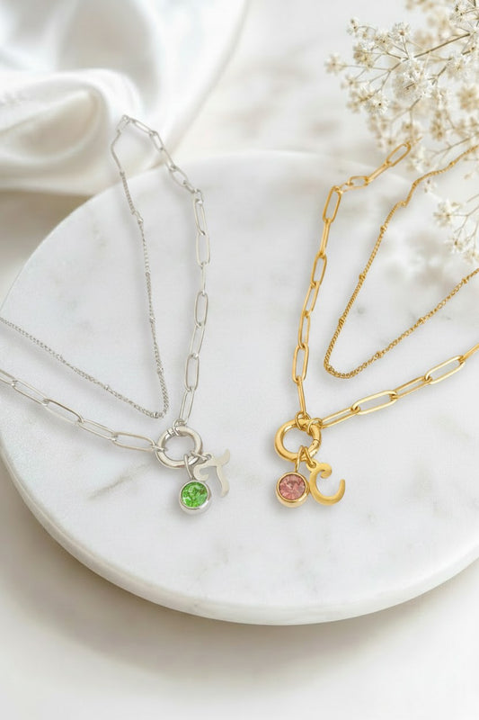 Personalized Mini Paperclip with Script Initial & Birthstone & Satellite Chain Necklace Set