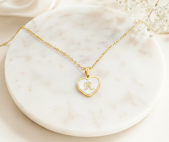 Personalized Gold over Stainless Steel Shell Heart Initial Necklace