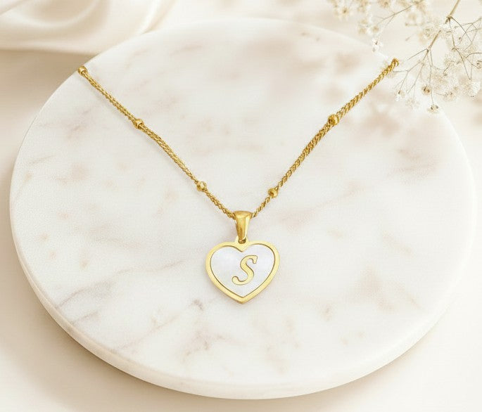 Personalized Gold over Stainless Steel Shell Heart Initial Necklace