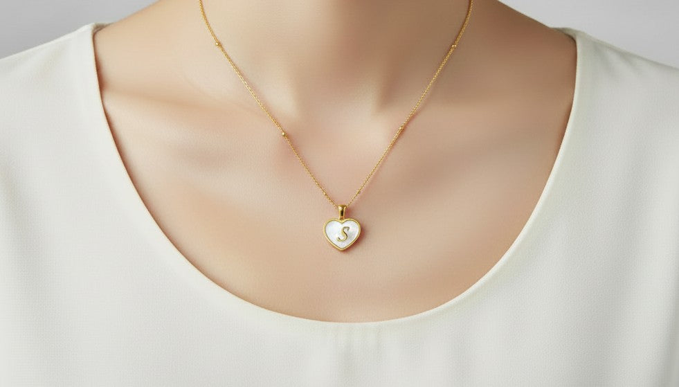 Personalized Gold over Stainless Steel Shell Heart Initial Necklace