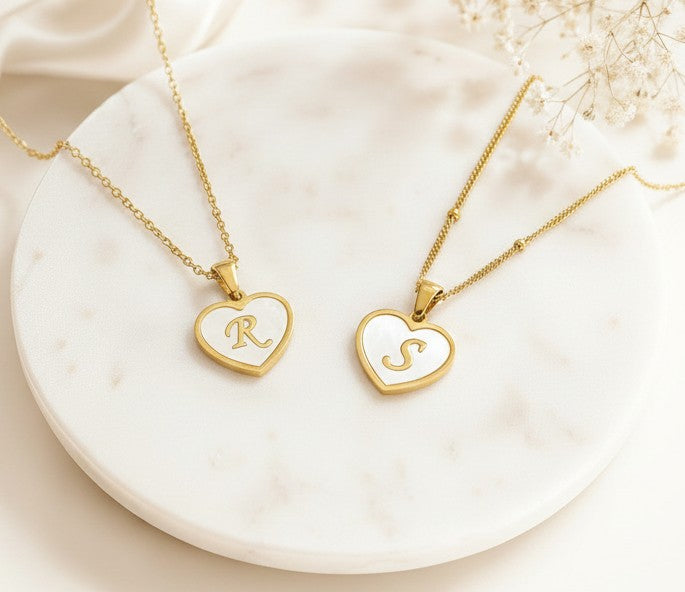 Personalized Gold over Stainless Steel Shell Heart Initial Necklace