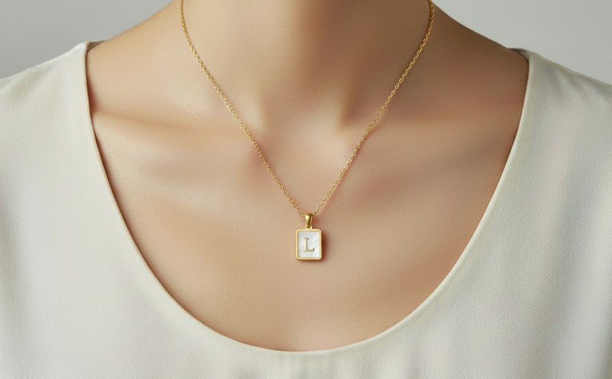 Personalized Gold over Stainless Steel Rectangular Shell Initial Necklace