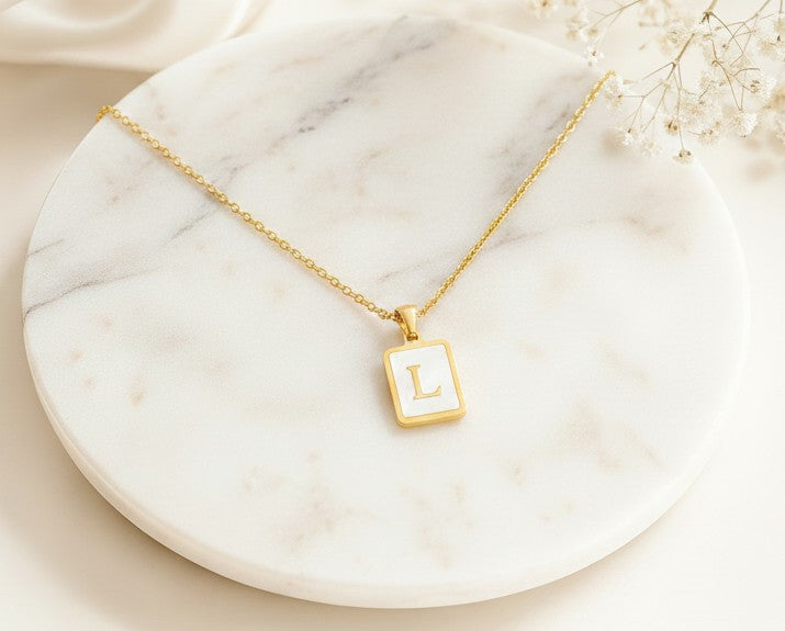 Personalized Gold over Stainless Steel Rectangular Shell Initial Necklace