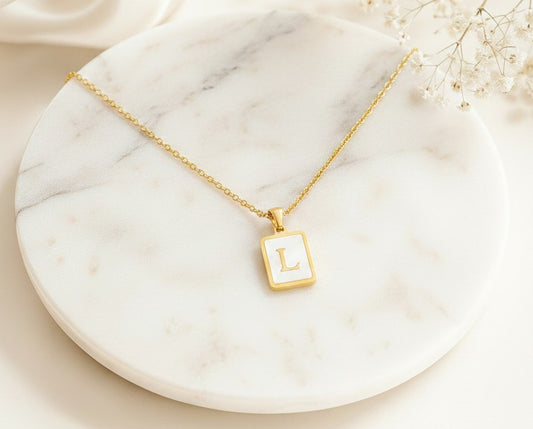 Personalized Gold over Stainless Steel Rectangular Shell Initial Necklace