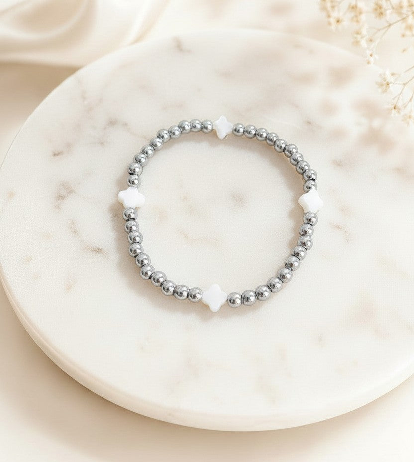 Stretch Beaded Bracelet with Shell Clover Beads • Stainless Steel & Gold over Stainless Steel
