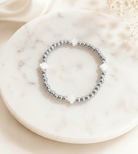 Stretch Beaded Bracelet with Shell Clover Beads • Stainless Steel & Gold over Stainless Steel