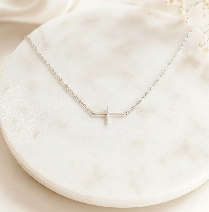 Sterling Silver Slim Sideways Cross Necklace • Religious Jewelry