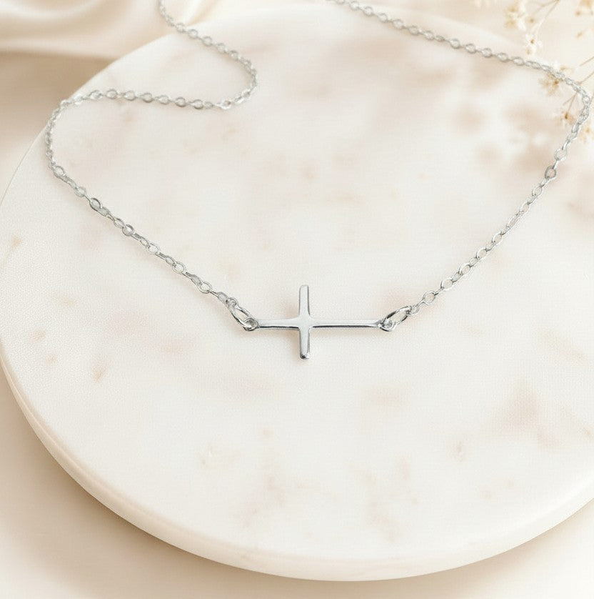 Sterling Silver Slim Sideways Cross Necklace • Religious Jewelry