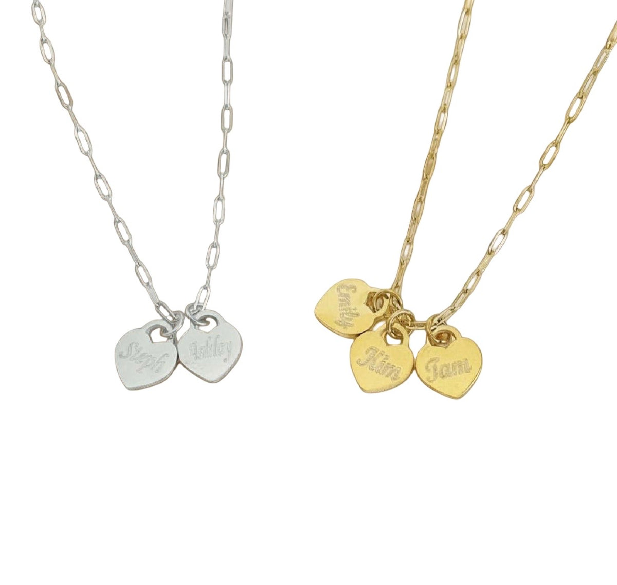 Two personalized heart-link necklaces on a plain white background, one in silver and one in yellow gold. Each necklace features a main chain with two small heart charms, and the gold necklace has three heart charms engraved with names.