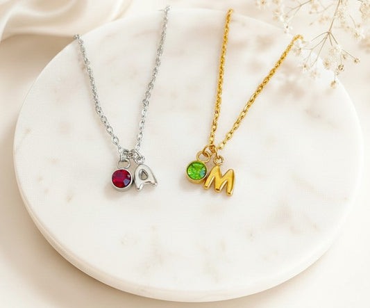 Personalized Birthstone & Small Bubble Initial Necklace • Stainless Steel & Gold over Stainless Steel