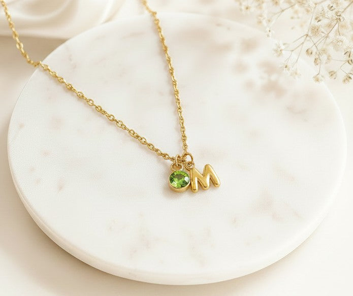Personalized Birthstone & Small Bubble Initial Necklace • Stainless Steel & Gold over Stainless Steel