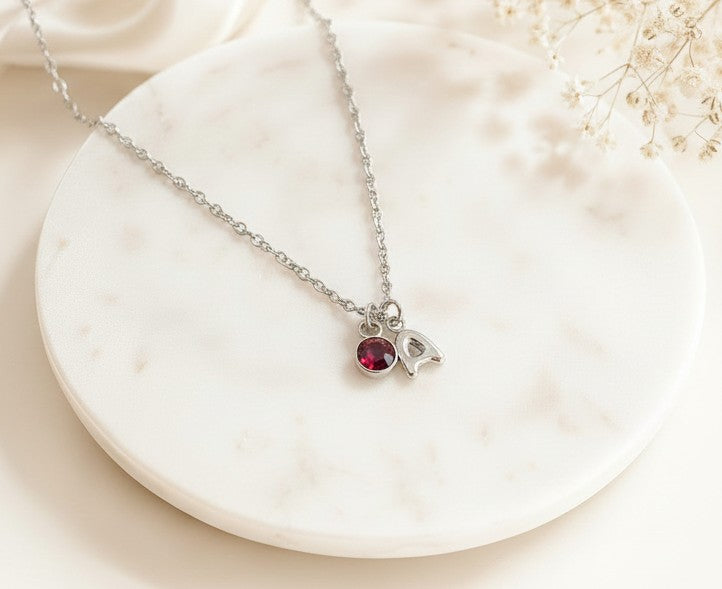 Personalized Birthstone & Small Bubble Initial Necklace • Stainless Steel & Gold over Stainless Steel