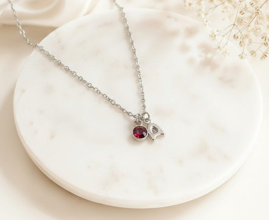 Personalized Birthstone & Small Bubble Initial Necklace • Stainless Steel & Gold over Stainless Steel