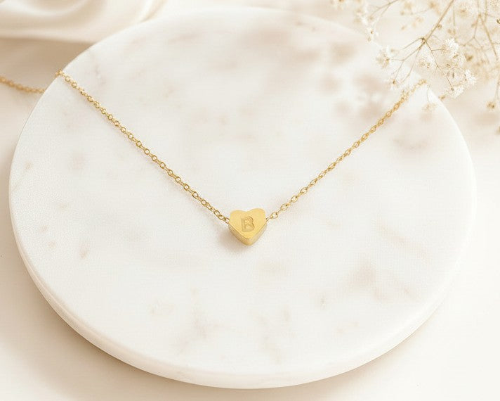 Personalized Small Initial Heart Necklace • Stainless Steel & Gold over Stainless Steel