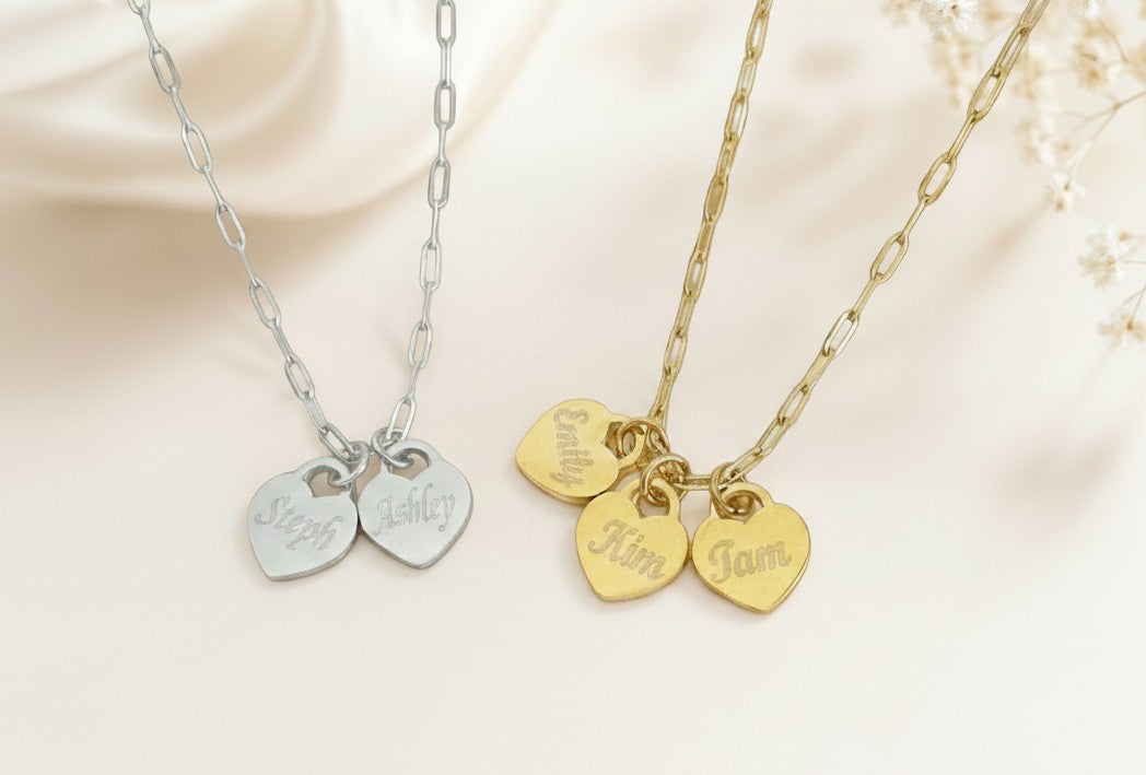 Personalized Small Heart Charm Necklace • Stainless Steel & Gold over Stainless Steel