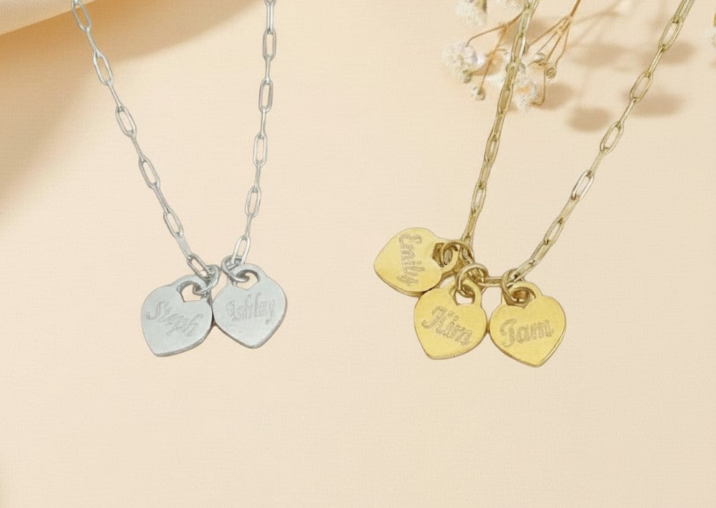 Personalized Small Heart Charm Necklace • Stainless Steel & Gold over Stainless Steel