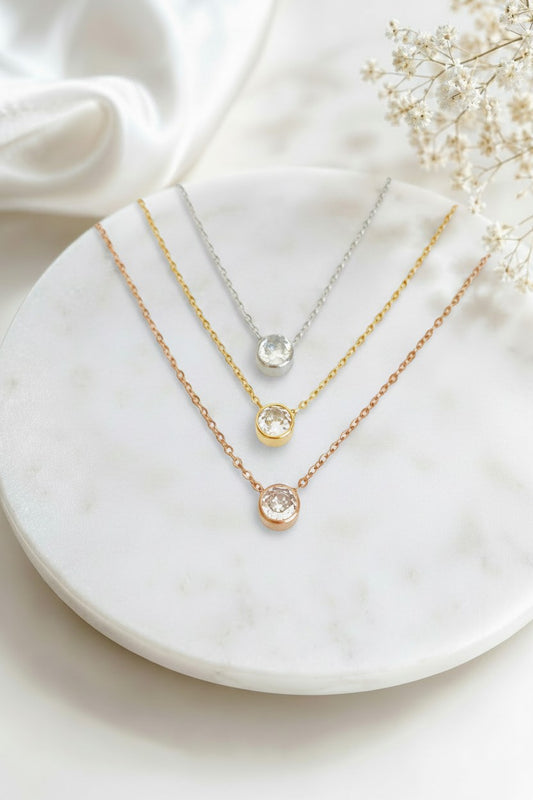 Solitaire Necklace • Stainless Steel, Gold over Stainless Steel & Rose Gold over Stainless Steel