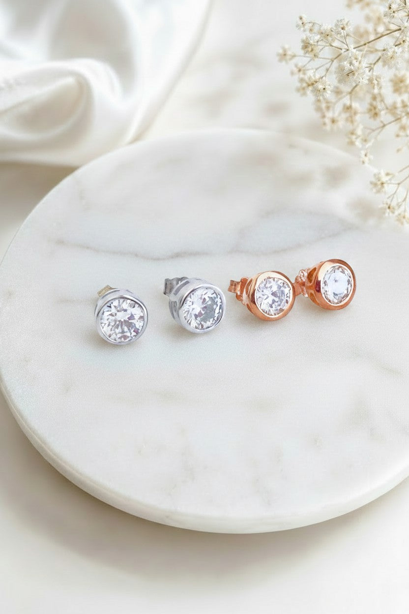 Solitaire Stud Earrings • Sterling Silver & Rose Gold over Sterling Silver