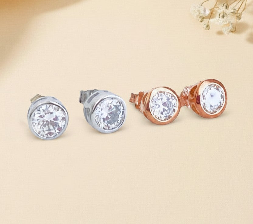 Solitaire Stud Earrings • Sterling Silver & Rose Gold over Sterling Silver