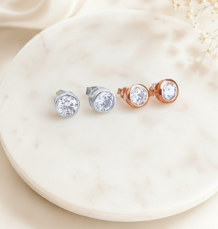 Solitaire Stud Earrings • Sterling Silver & Rose Gold over Sterling Silver