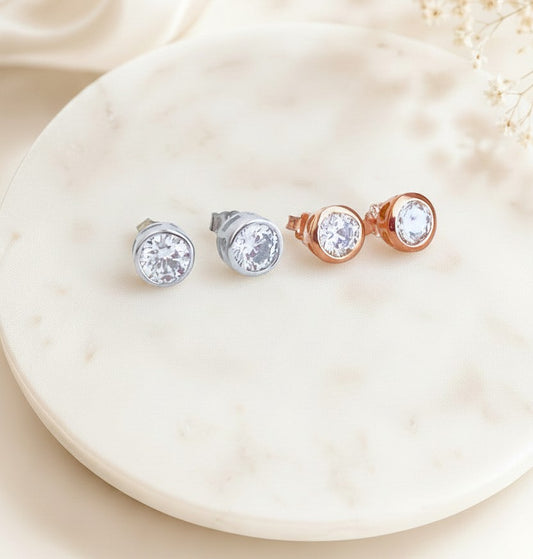 Solitaire Stud Earrings • Sterling Silver & Rose Gold over Sterling Silver