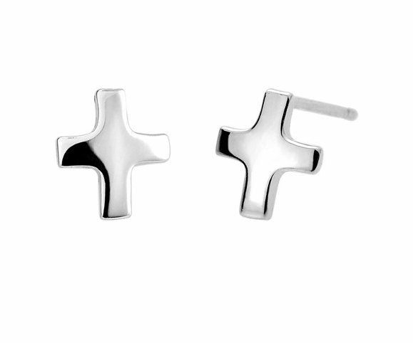 Silver cross-shaped earrings on a white background