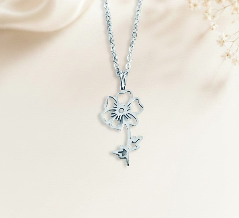 Personalized Birth Flower Pendant Necklace • Stainless Steel & Gold over Stainless Steel