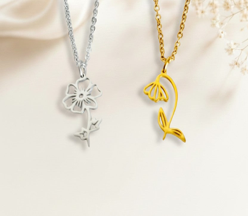 Personalized Birth Flower Pendant Necklace • Stainless Steel & Gold over Stainless Steel