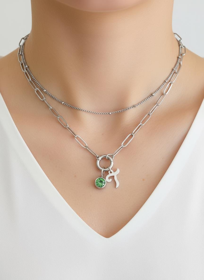 Personalized Mini Paperclip & Satellite Chain Necklace Set with Script Initial & Birthstone • Stainless Steel or Gold