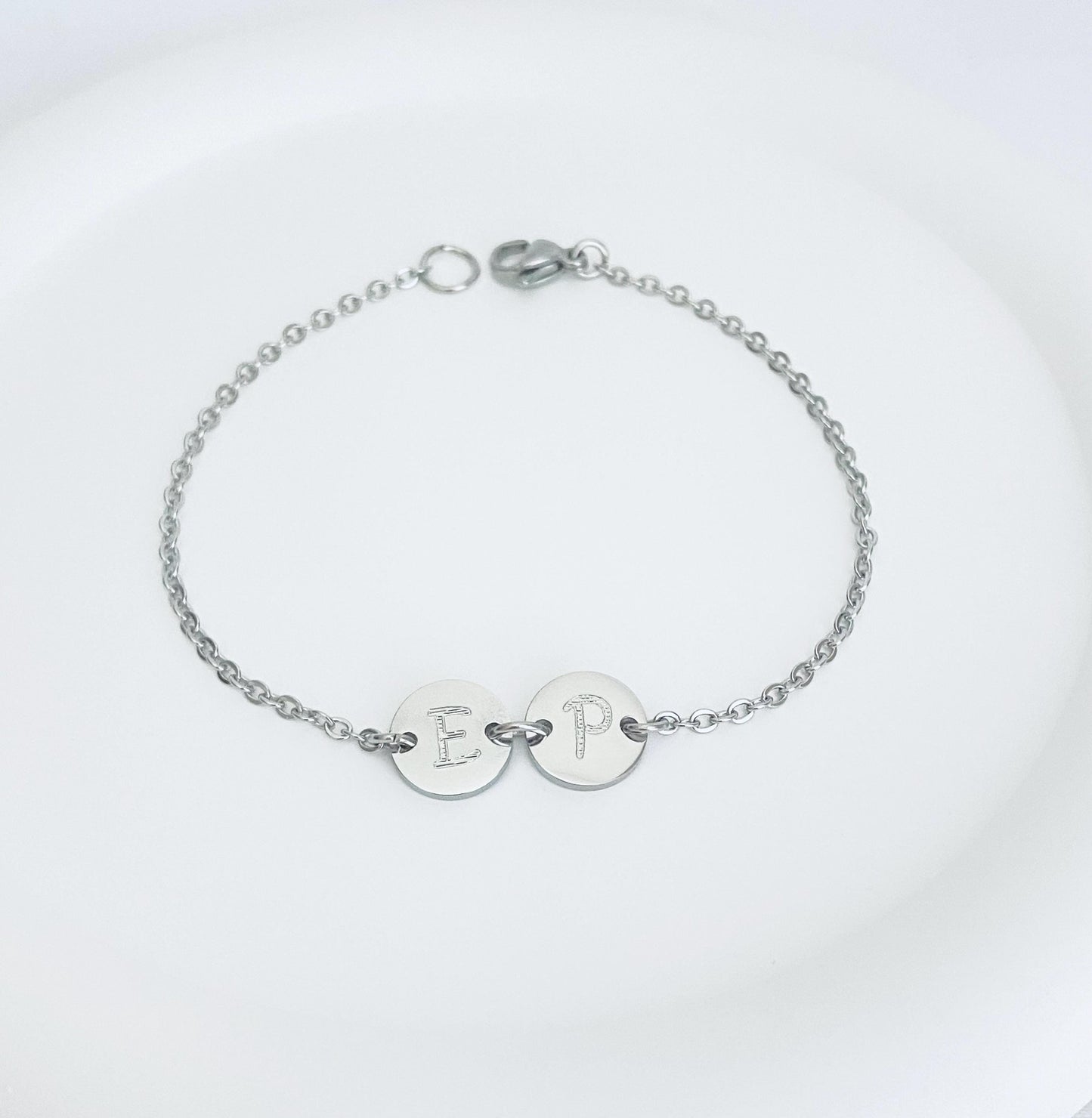 Personalized Stainless Steel Initial Bracelet. Engraved Round Charm Bracelet. Minimalist Layering Jewelry.
