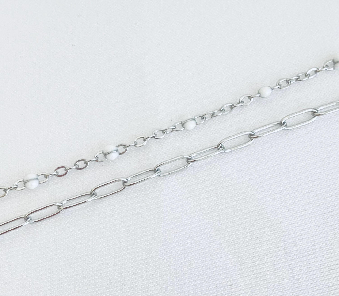 Double Strand Stainless Steel Paperclip & Enamel Chain Bracelet • Layered Mini Paperclip Bracelet for Women