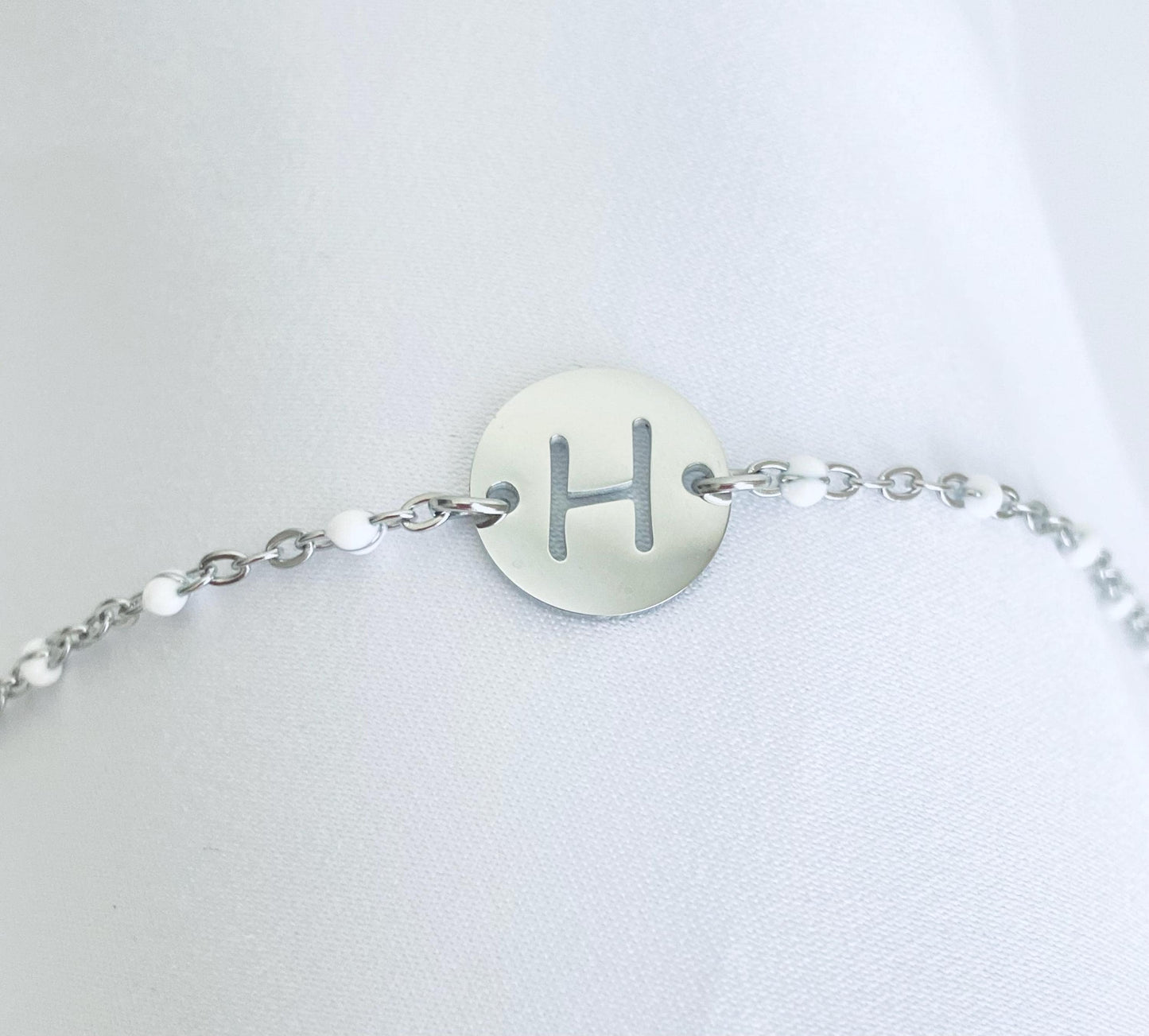 Initial Charm Bracelet • Personalized Letter Bracelet with Flat Cable Chain or White Enamel Beaded Chain