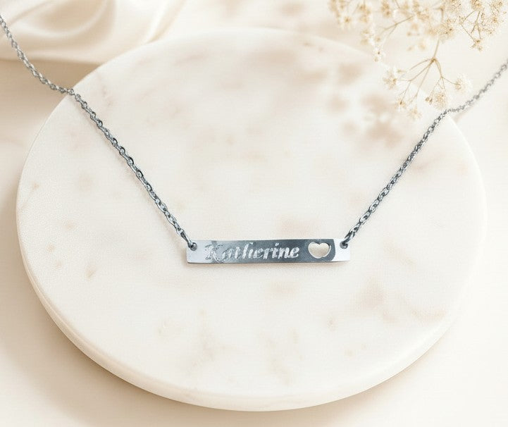 Personalized Stainless Steel Skinny Long Bar Necklace with Heart