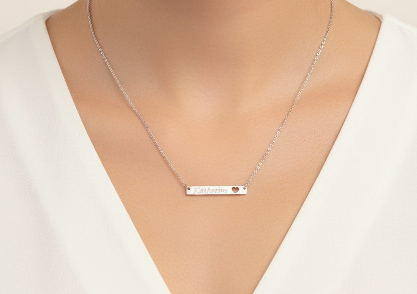 Personalized Stainless Steel Skinny Long Bar Necklace with Heart