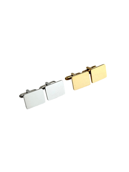 A pair of silver-toned square cufflinks and a pair of gold-toned square cufflinks arranged side by side on a plain white background.