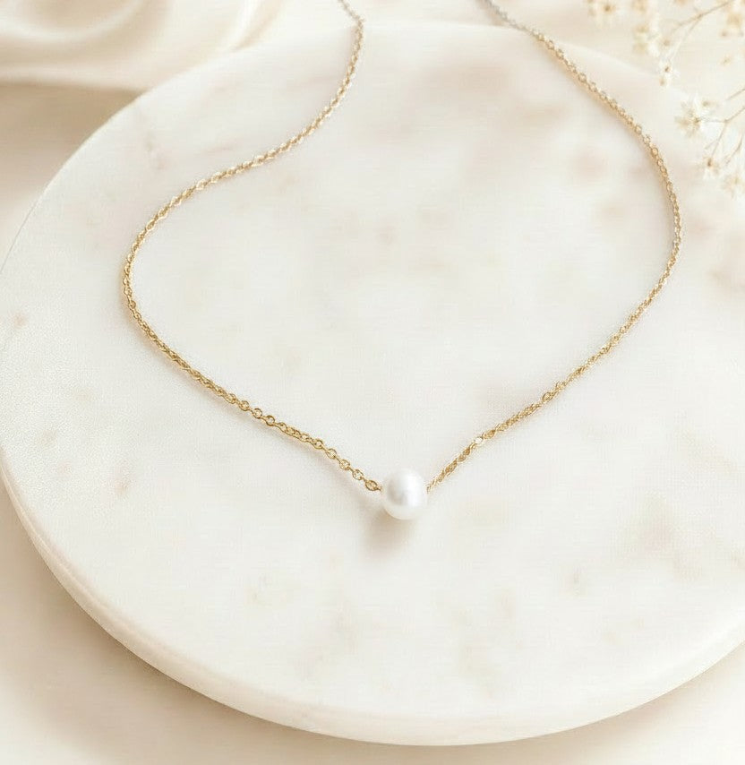 Floating Pearl Necklace • Stainless Steel & Gold over Stainless Steel