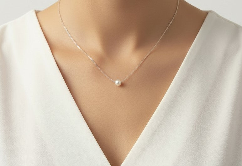 Floating Pearl Necklace • Stainless Steel & Gold over Stainless Steel