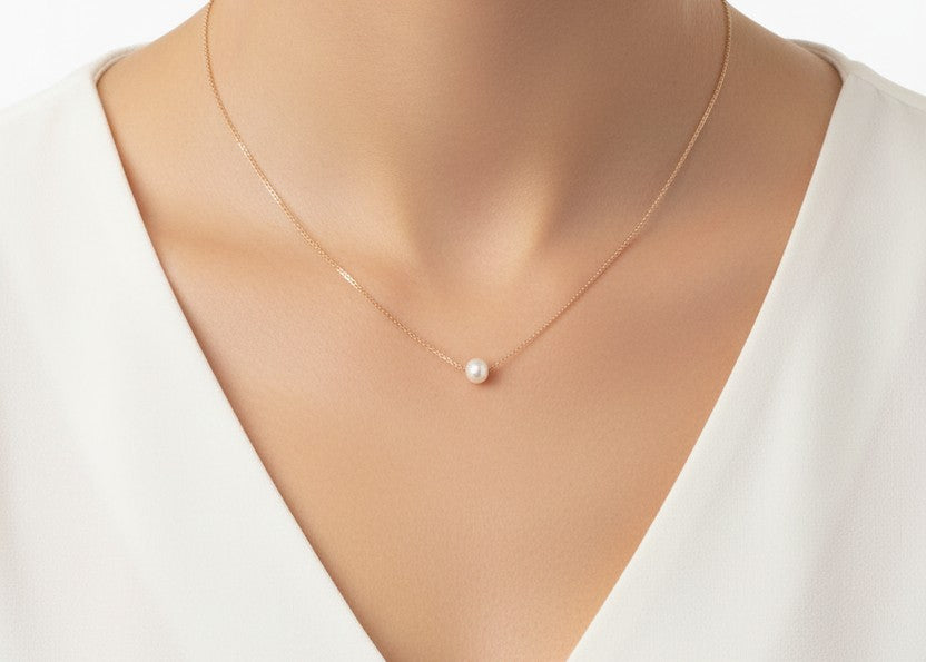 Floating Pearl Necklace • Stainless Steel & Gold over Stainless Steel