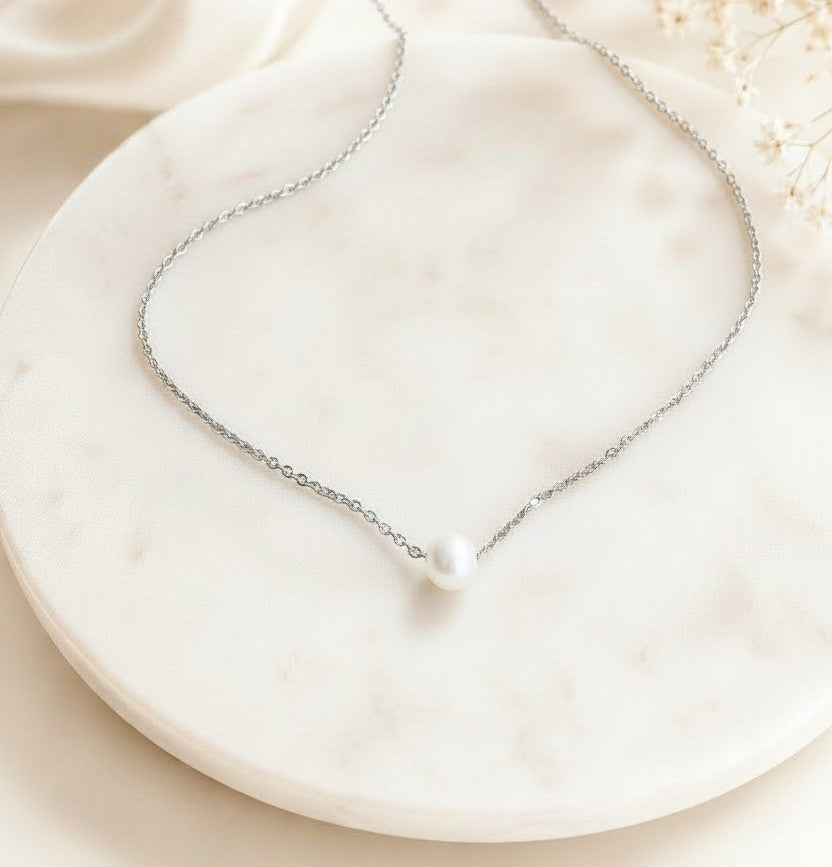 Floating Pearl Necklace • Stainless Steel & Gold over Stainless Steel