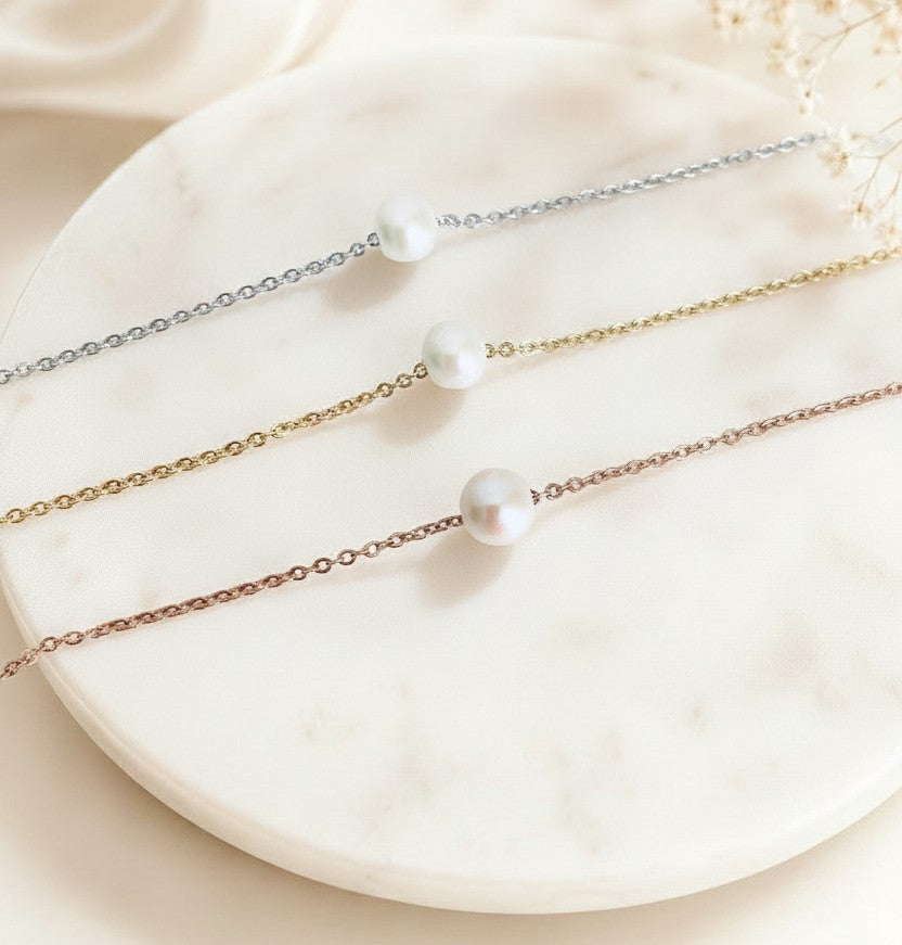 Floating Pearl Necklace • Stainless Steel & Gold over Stainless Steel
