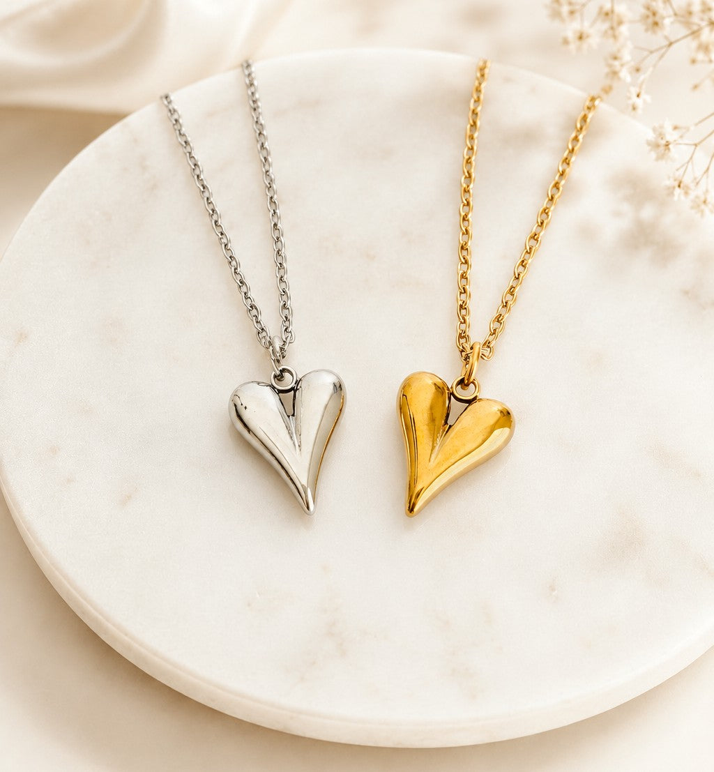 Puff Heart Pendant Necklace • Stainless Steel & Gold over Stainless Steel