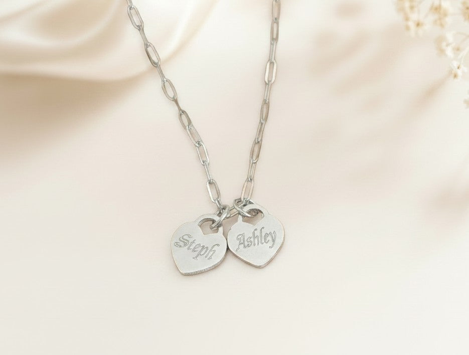 Personalized Small Heart Charm Necklace • Stainless Steel & Gold over Stainless Steel