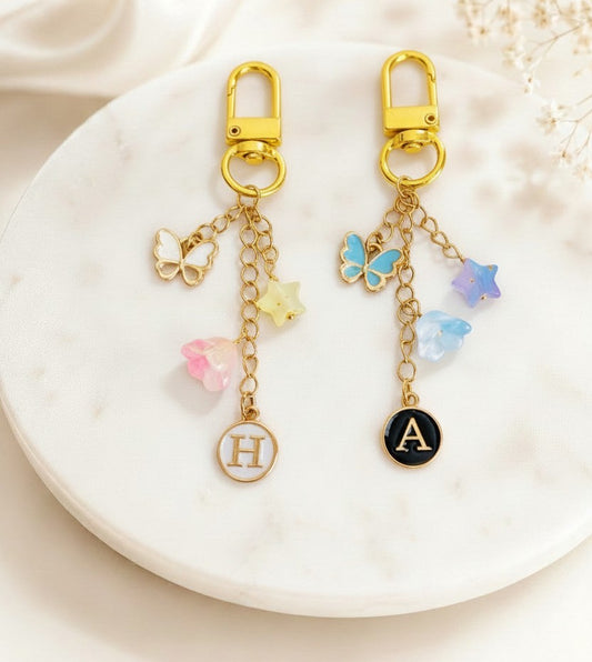 Personalized Gold Bag Charm with Butterfly, Star & Flower Charm