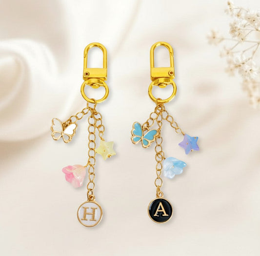 Personalized Gold Bag Charm with Butterfly, Star & Flower Charm