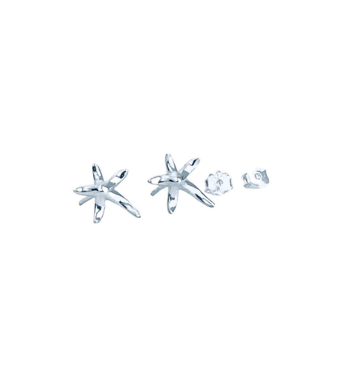 A pair of silver starfish stud earrings shown next to their clear glass backing pieces on a solid white background.