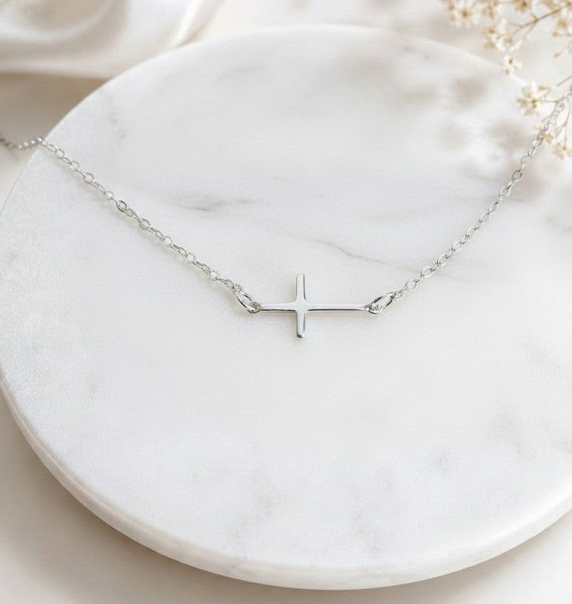 Sterling Silver Slim Sideways Cross Necklace • Religious Jewelry