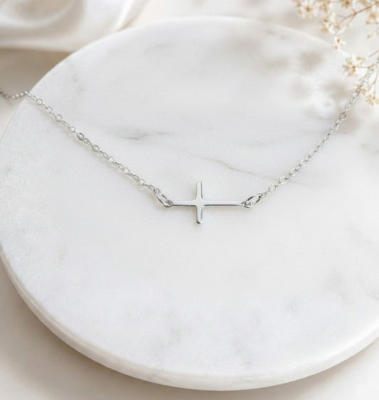 Sterling Silver Slim Sideways Cross Necklace • Religious Jewelry