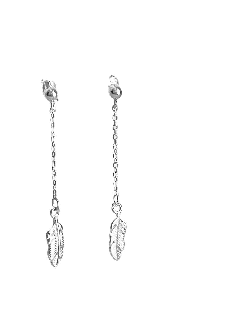 A pair of silver drop earrings with a small bird charm at the top and a feather-shaped charm dangling from a delicate chain, shown on a plain white background.