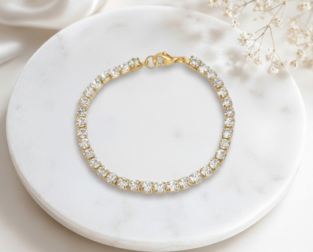Tennis Bracelet with Sparkling Cubic Zirconia • Stainless Steel & Gold over Stainless Steel