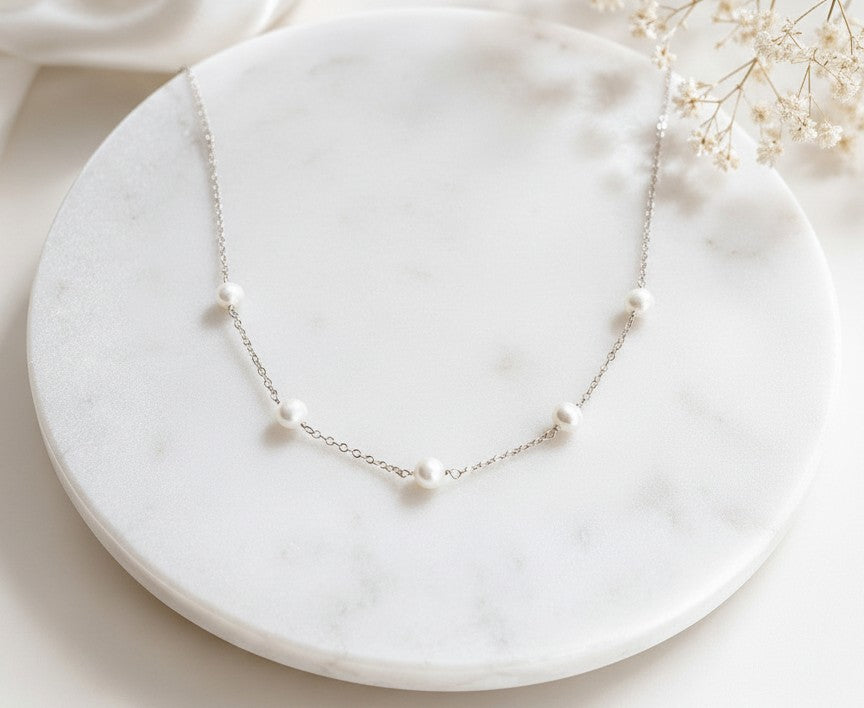 White Freshwater Pearl Necklace • Sterling Silver, Gold Filled & Rose Gold